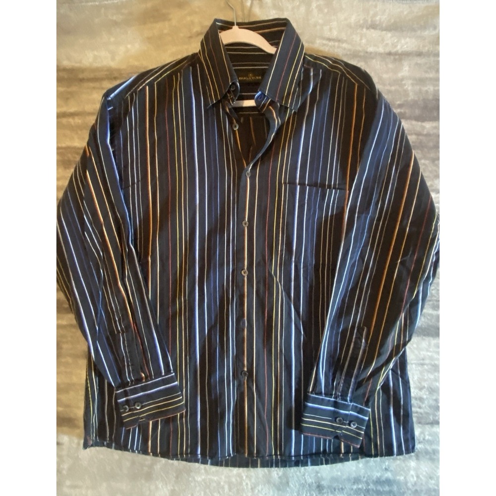 Bugatchi Uomo Mens‎ Large Button Down Shirt Navy Multi Color Vertical Stripe L/S